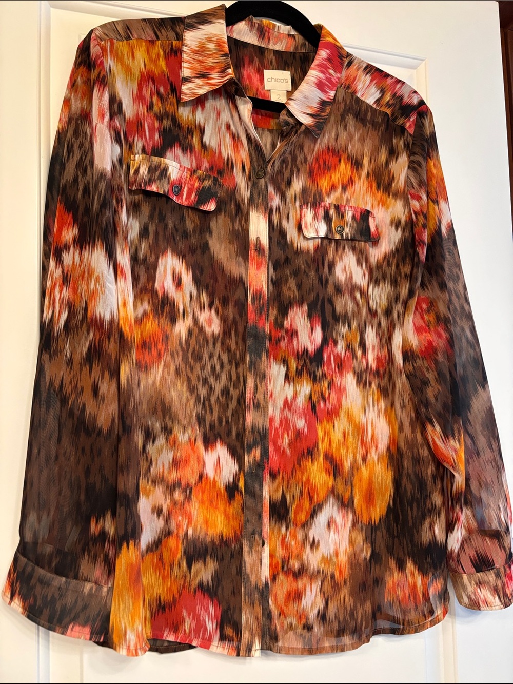 Chico's Brown Floral-Print Button-Down Shirt with Orange & Red Accents